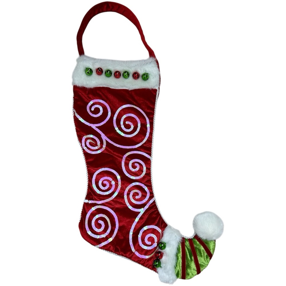 Large Red Velvet Satin Fuzzy Jingle Bells ELF TOE Lined Christmas Stocking 23"